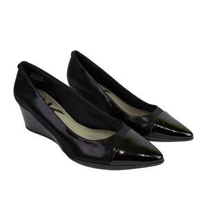 Anne Klein Sport Riveter Black Shimmer Patent Pointed Toe Wedge Pumps 7.5M